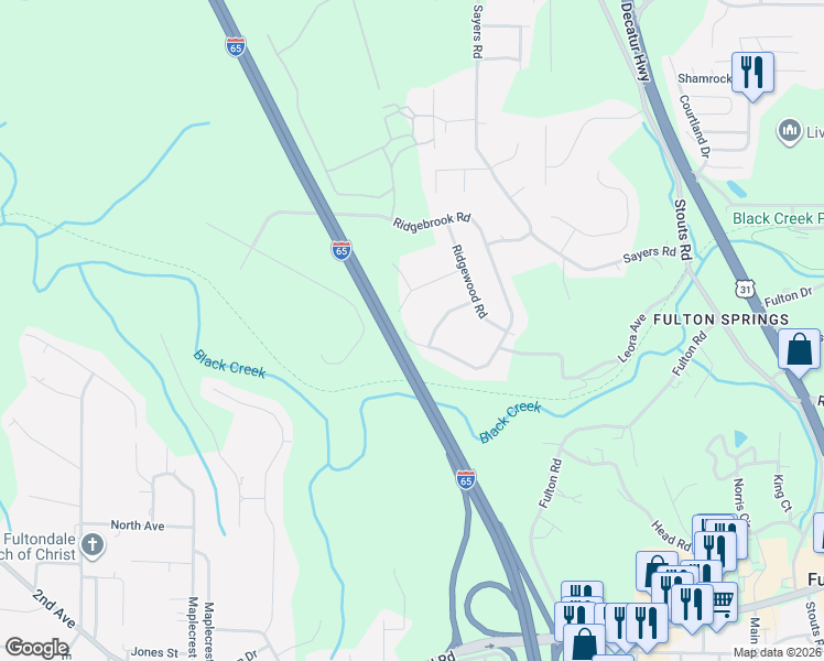map of restaurants, bars, coffee shops, grocery stores, and more near 2020 Ridgebrook Road in Fultondale