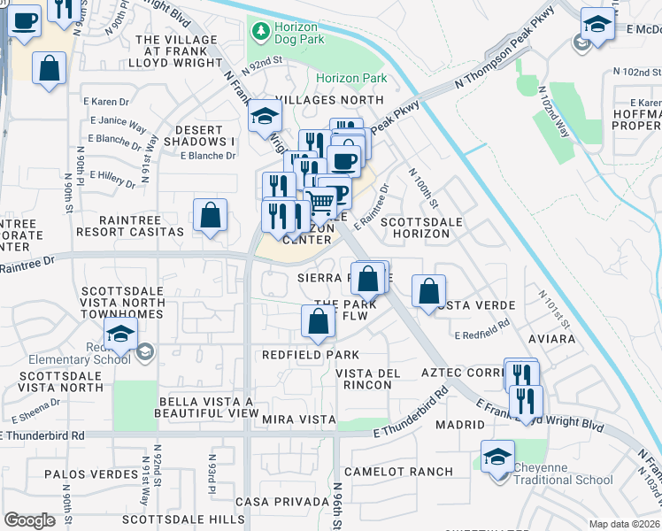 map of restaurants, bars, coffee shops, grocery stores, and more near 9555 East Raintree Drive in Scottsdale