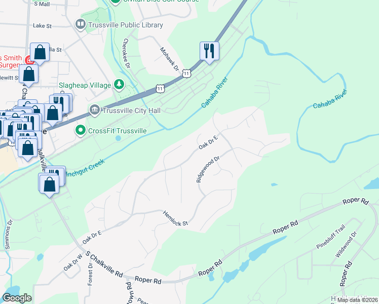 map of restaurants, bars, coffee shops, grocery stores, and more near 700 Oak Drive East in Trussville