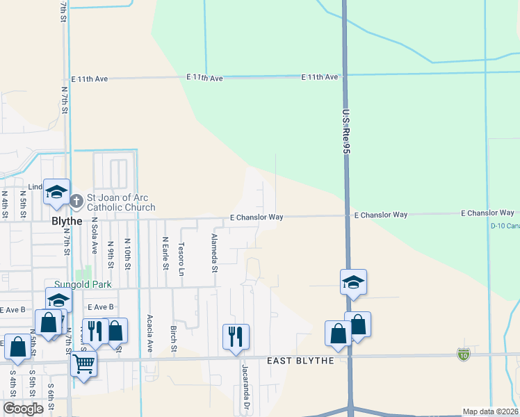 map of restaurants, bars, coffee shops, grocery stores, and more near 490 Cholla Street in Blythe