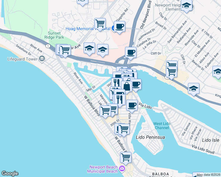map of restaurants, bars, coffee shops, grocery stores, and more near 511 1/2 35th Street in Newport Beach