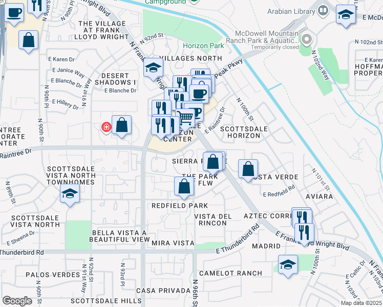 map of restaurants, bars, coffee shops, grocery stores, and more near 9555 East Raintree Drive in Scottsdale