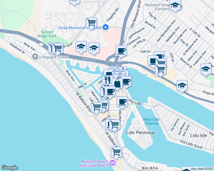 map of restaurants, bars, coffee shops, grocery stores, and more near 3475 Newport Boulevard in Newport Beach