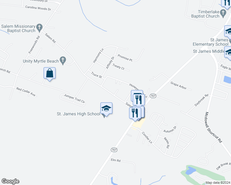 map of restaurants, bars, coffee shops, grocery stores, and more near 104 Carolines Cove Court in Myrtle Beach