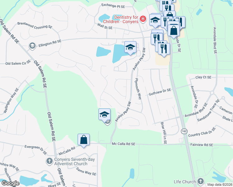 map of restaurants, bars, coffee shops, grocery stores, and more near 3280 Quincey Cross Southeast in Conyers