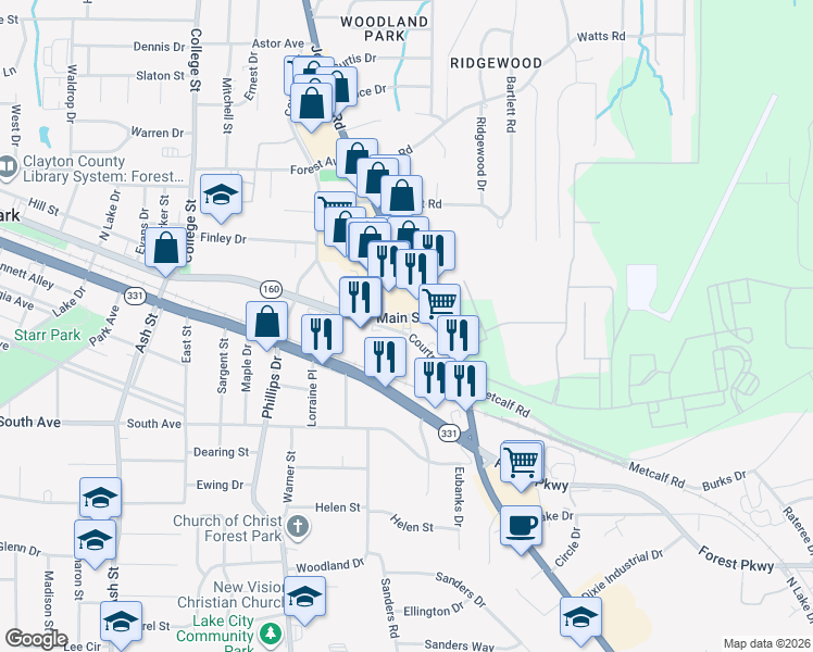 map of restaurants, bars, coffee shops, grocery stores, and more near 4989 Courtney Dr in Forest Park