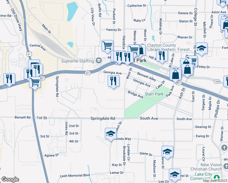 map of restaurants, bars, coffee shops, grocery stores, and more near 555 Bridge Avenue in Forest Park