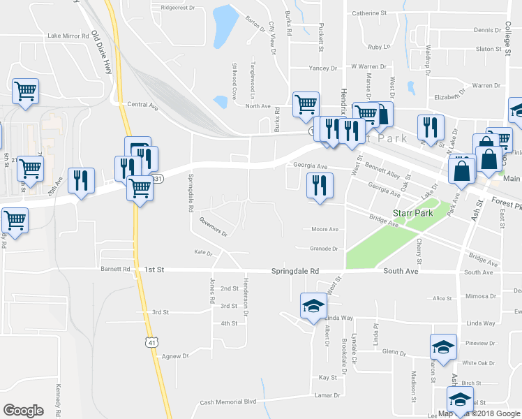 map of restaurants, bars, coffee shops, grocery stores, and more near 4947 Governors Drive in Forest Park