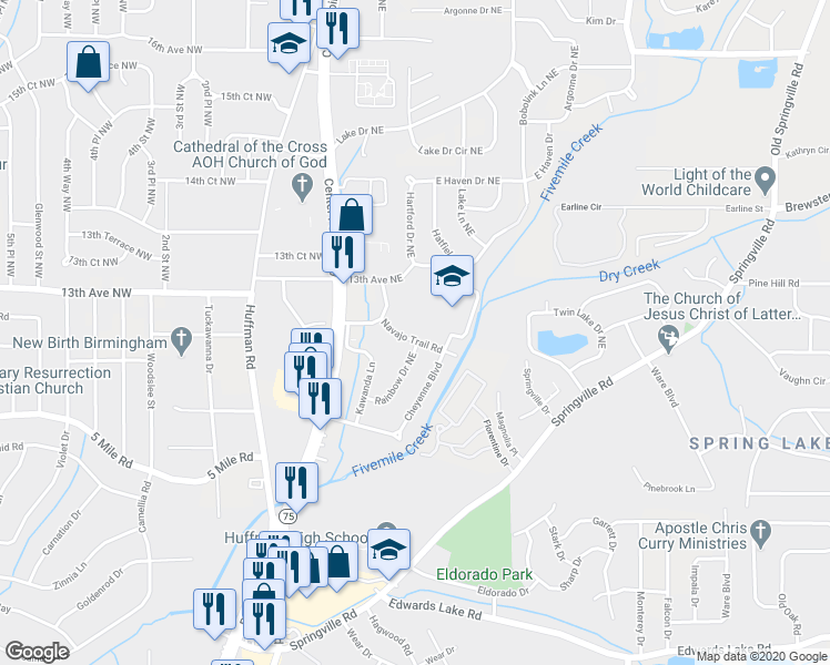 map of restaurants, bars, coffee shops, grocery stores, and more near 220 Navajo Trail in Birmingham