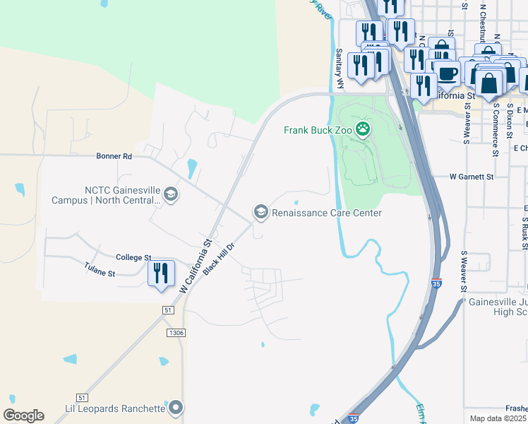 map of restaurants, bars, coffee shops, grocery stores, and more near Black Hill Drive in Gainesville