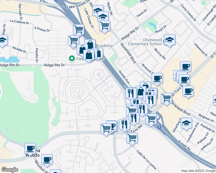 map of restaurants, bars, coffee shops, grocery stores, and more near 2117 Via Puerta in Laguna Woods
