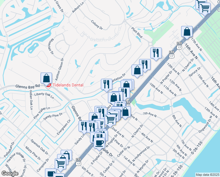 map of restaurants, bars, coffee shops, grocery stores, and more near 1200 5th Avenue North in Surfside Beach
