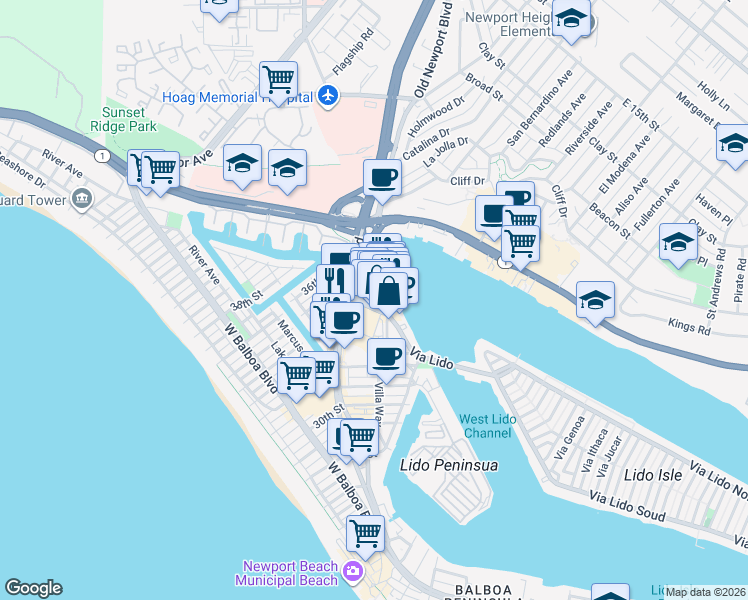 map of restaurants, bars, coffee shops, grocery stores, and more near 3400a Via Lido in Newport Beach