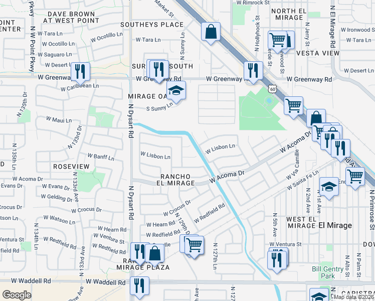map of restaurants, bars, coffee shops, grocery stores, and more near 12800 West Lisbon Lane in El Mirage
