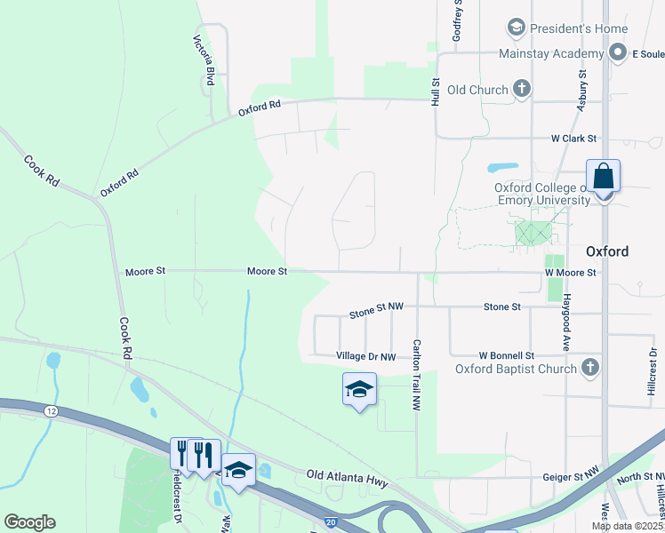 map of restaurants, bars, coffee shops, grocery stores, and more near 571 Moore Street in Oxford