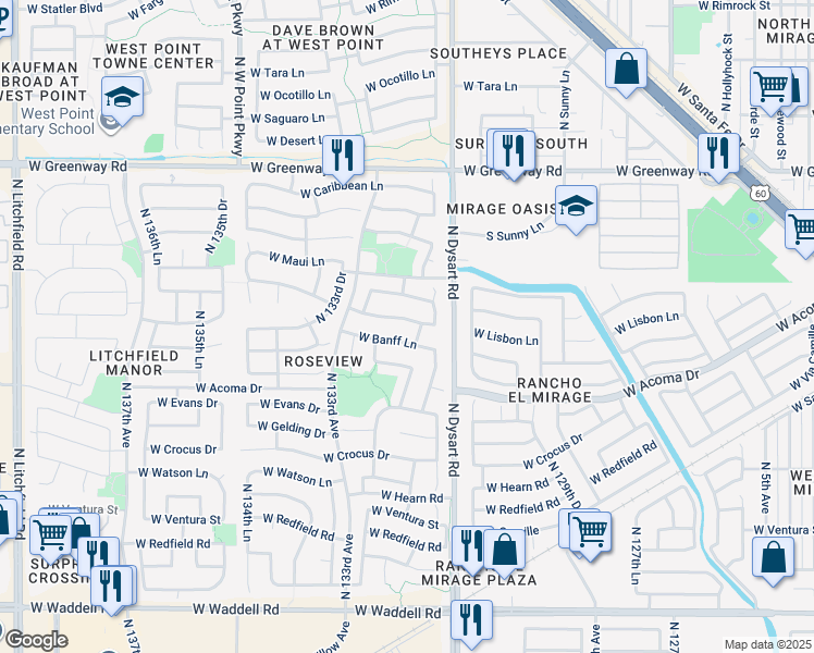 map of restaurants, bars, coffee shops, grocery stores, and more near 13169 West Mauna Loa Lane in Surprise