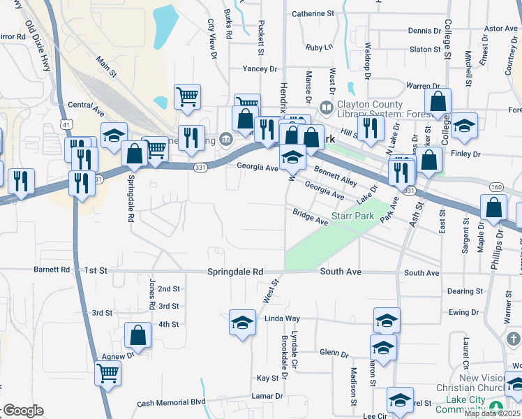 map of restaurants, bars, coffee shops, grocery stores, and more near 555 Bridge Avenue in Forest Park