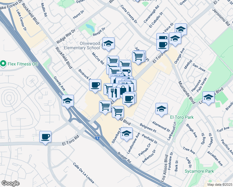 map of restaurants, bars, coffee shops, grocery stores, and more near 23647 El Toro Road in Lake Forest