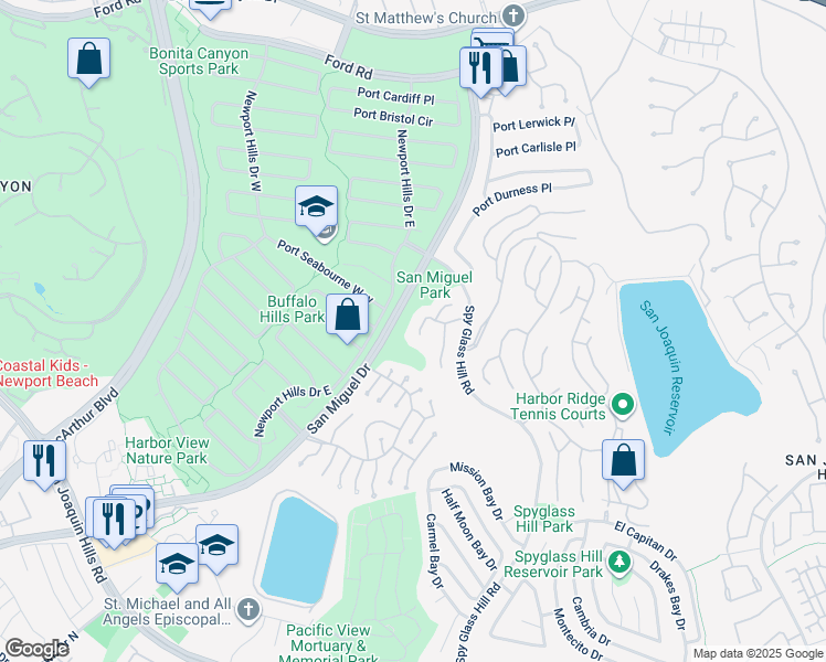 map of restaurants, bars, coffee shops, grocery stores, and more near 5 Hillsborough in Newport Beach