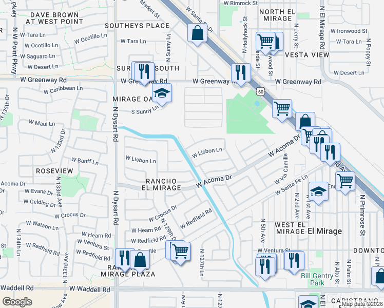 map of restaurants, bars, coffee shops, grocery stores, and more near 12564 West Saint Moritz Lane in El Mirage