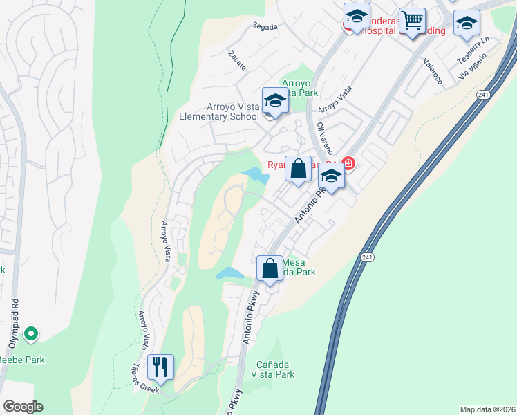 map of restaurants, bars, coffee shops, grocery stores, and more near 43 Encantado Canyon in Rancho Santa Margarita