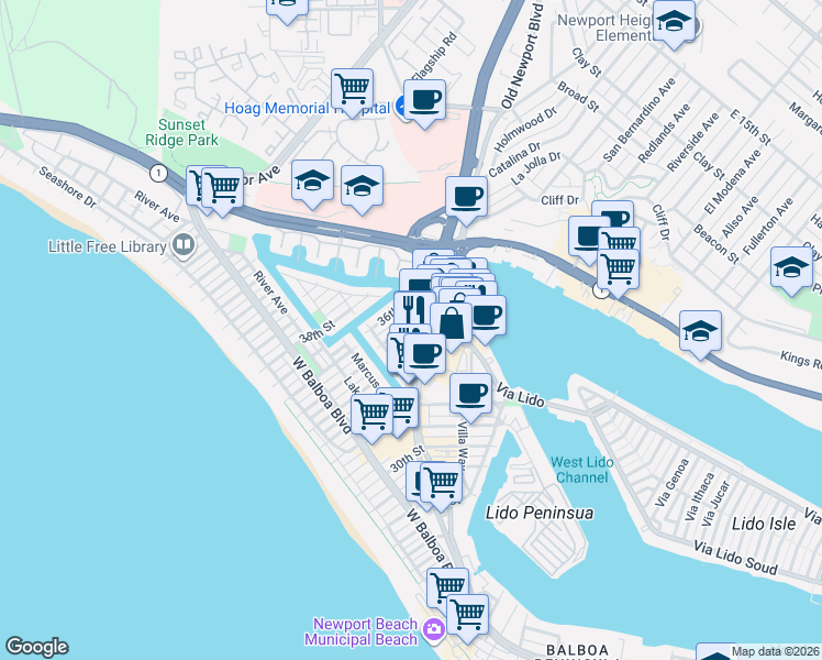map of restaurants, bars, coffee shops, grocery stores, and more near 3475 Newport Boulevard in Newport Beach
