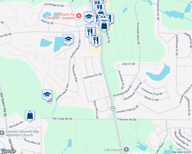 map of restaurants, bars, coffee shops, grocery stores, and more near 2129 Golfview Drive Southeast in Conyers