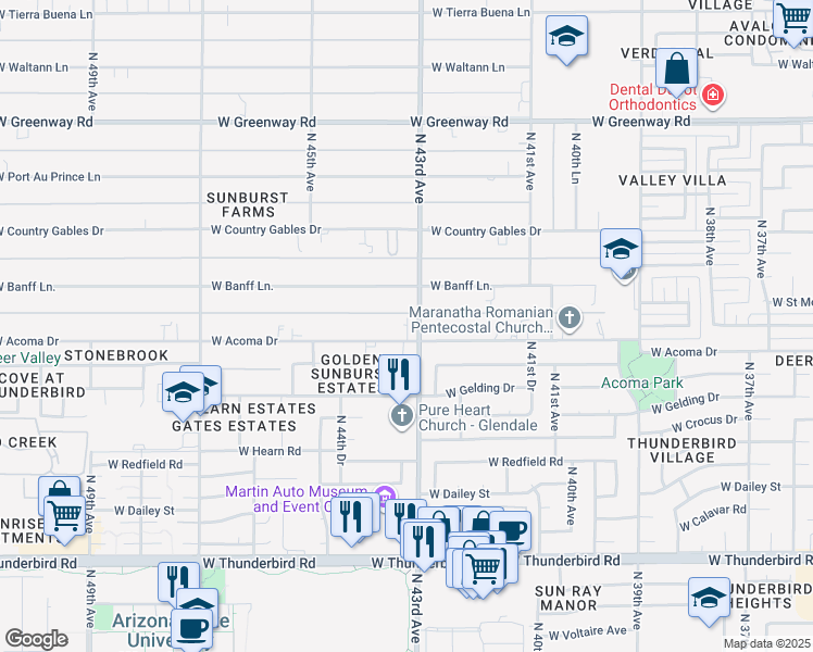 map of restaurants, bars, coffee shops, grocery stores, and more near 4302 West Acoma Drive in Glendale