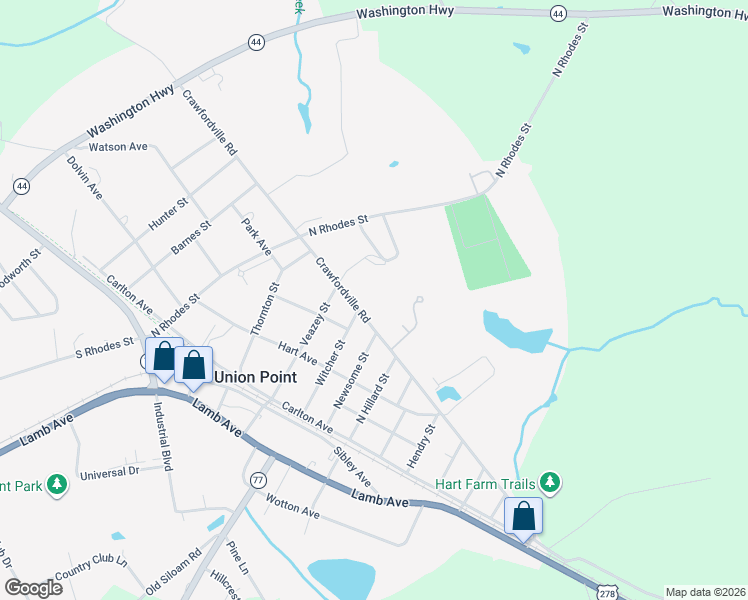 map of restaurants, bars, coffee shops, grocery stores, and more near 405 Crawfordville Road in Union Point