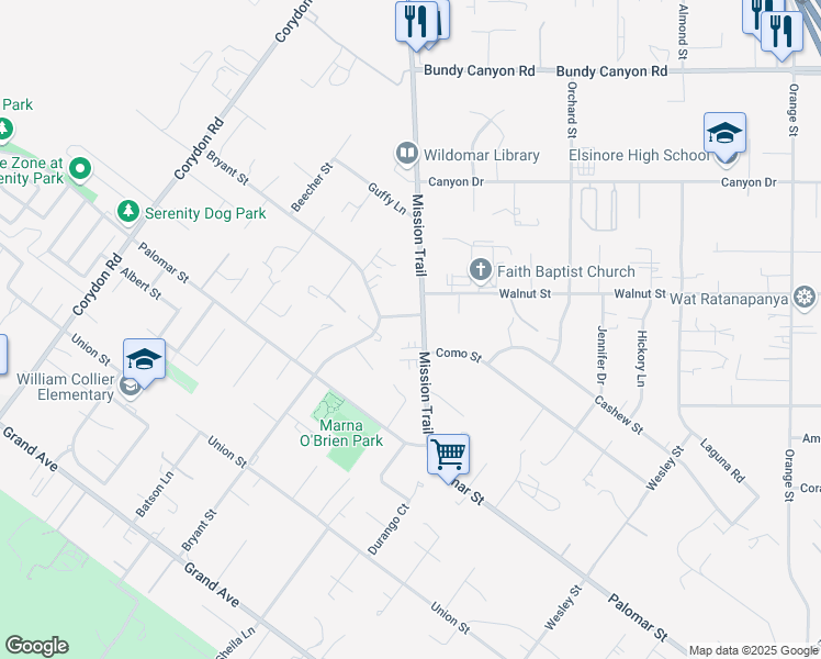 map of restaurants, bars, coffee shops, grocery stores, and more near Mission Trail in Wildomar