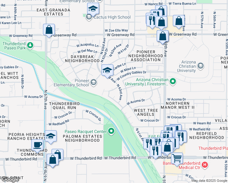 map of restaurants, bars, coffee shops, grocery stores, and more near 14635 North 63rd Drive in Glendale