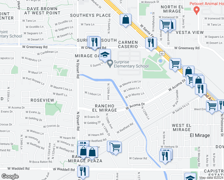 map of restaurants, bars, coffee shops, grocery stores, and more near 12813 West Mauna Loa Lane in El Mirage