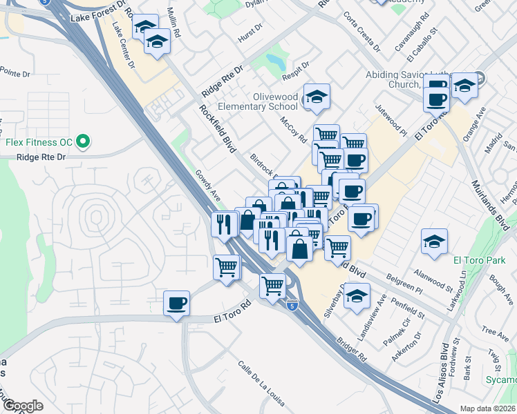 map of restaurants, bars, coffee shops, grocery stores, and more near 23681 Cavanaugh Road in Lake Forest