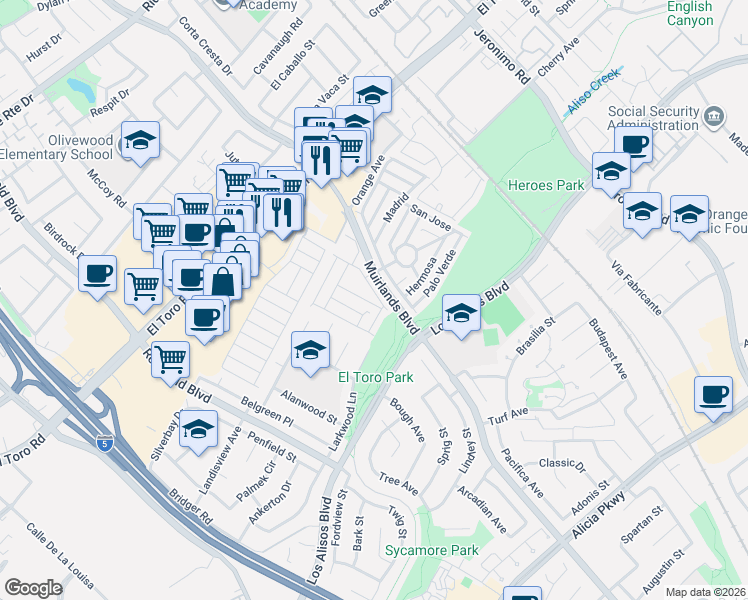 map of restaurants, bars, coffee shops, grocery stores, and more near Cookie Monster Ln in Lake Forest