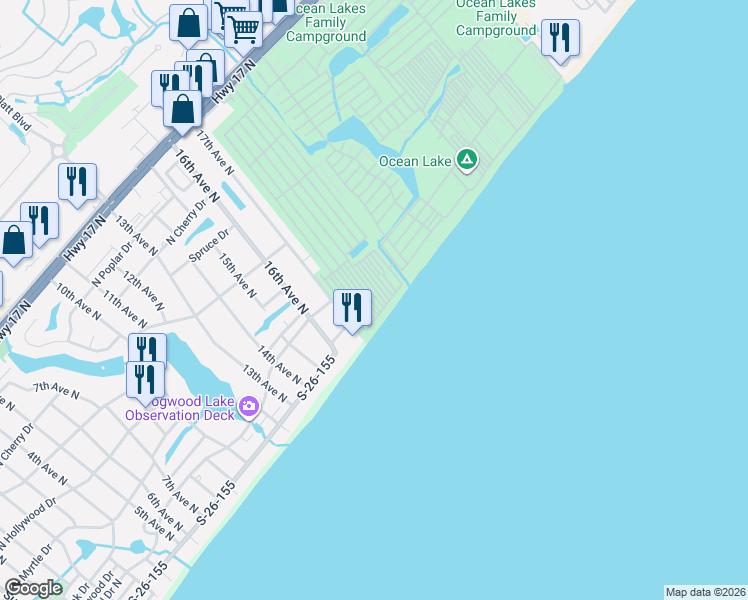 map of restaurants, bars, coffee shops, grocery stores, and more near 1119 Olcg in Myrtle Beach