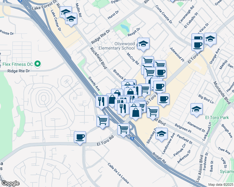 map of restaurants, bars, coffee shops, grocery stores, and more near 23681 Cavanaugh Road in Lake Forest