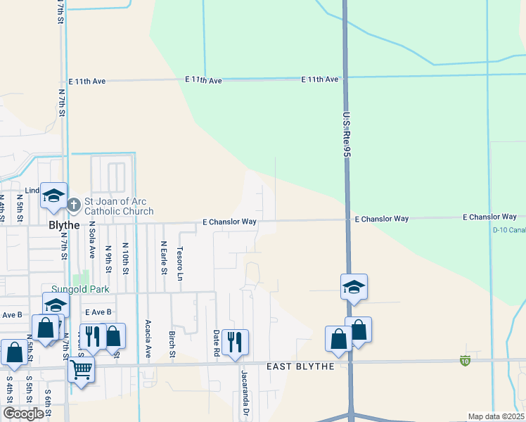 map of restaurants, bars, coffee shops, grocery stores, and more near Ranchette Road in Blythe