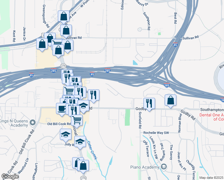 map of restaurants, bars, coffee shops, grocery stores, and more near 2301 Godby Road in College Park