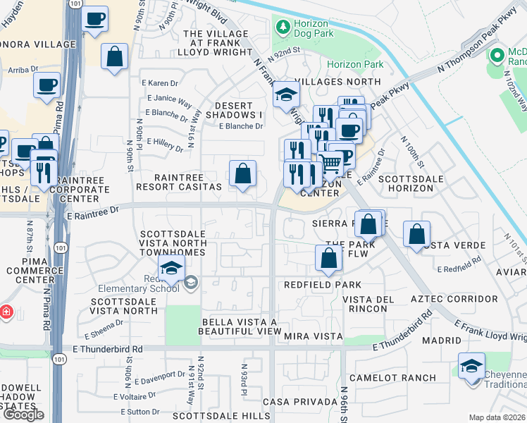 map of restaurants, bars, coffee shops, grocery stores, and more near 14450 North Thompson Peak Parkway in Scottsdale