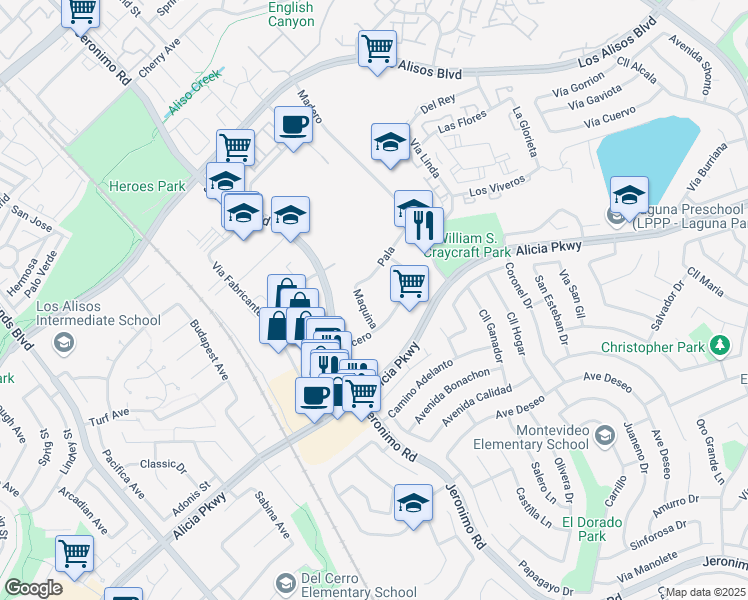 map of restaurants, bars, coffee shops, grocery stores, and more near in Mission Viejo