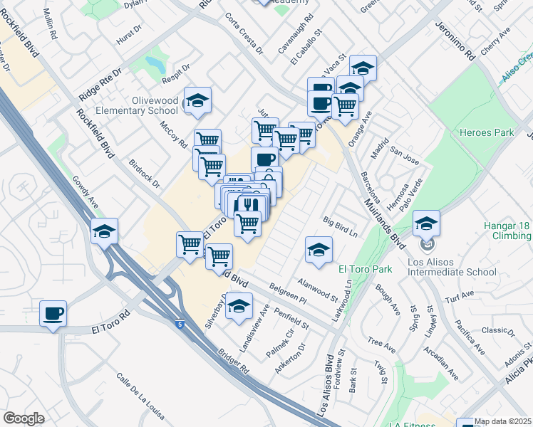 map of restaurants, bars, coffee shops, grocery stores, and more near 23614 El Toro Road in Lake Forest