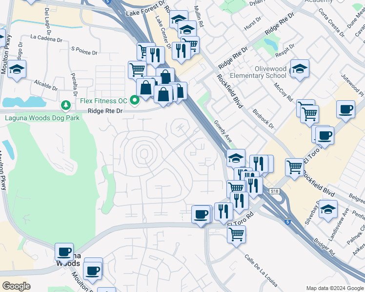 map of restaurants, bars, coffee shops, grocery stores, and more near 2111 Via Puerta in Laguna Woods