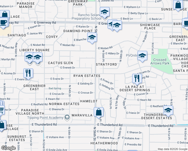 map of restaurants, bars, coffee shops, grocery stores, and more near 14434 North 56th Place in Scottsdale