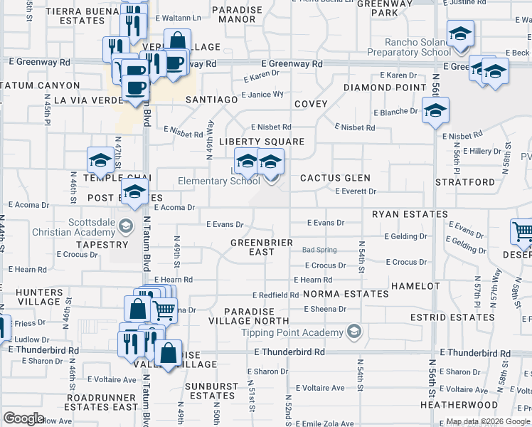 map of restaurants, bars, coffee shops, grocery stores, and more near 14414 North 51st Street in Scottsdale