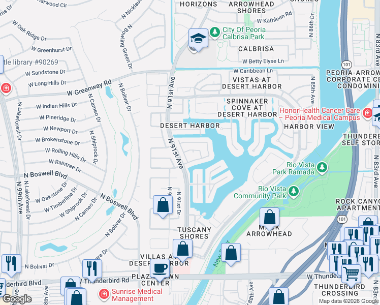 map of restaurants, bars, coffee shops, grocery stores, and more near 14656 North 90th Lane in Peoria