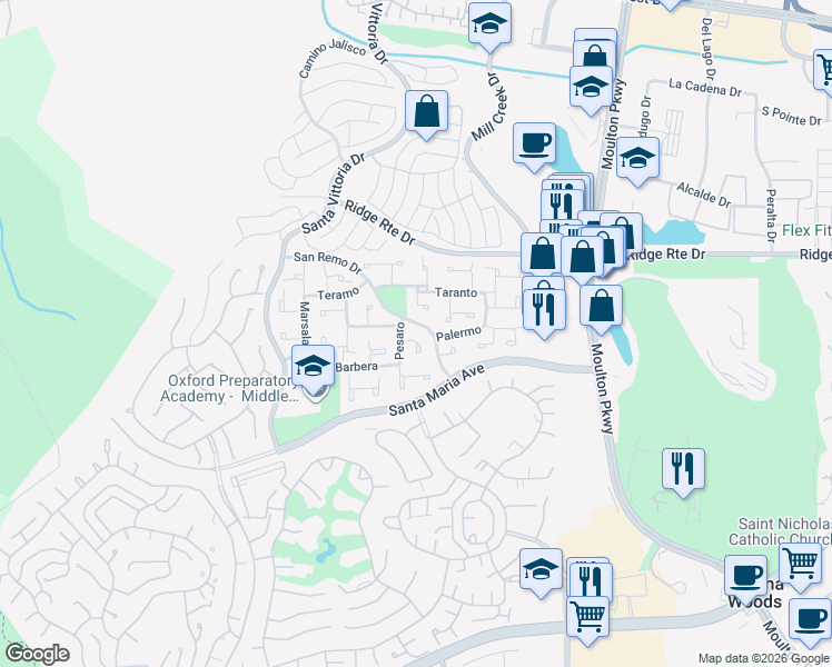 map of restaurants, bars, coffee shops, grocery stores, and more near 22441 Lombardi in Laguna Hills