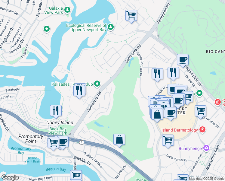 map of restaurants, bars, coffee shops, grocery stores, and more near 85 Ocean Vista in Newport Beach