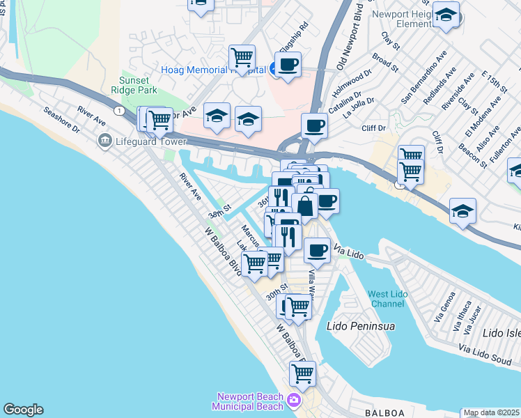 map of restaurants, bars, coffee shops, grocery stores, and more near 502 35th Street in Newport Beach