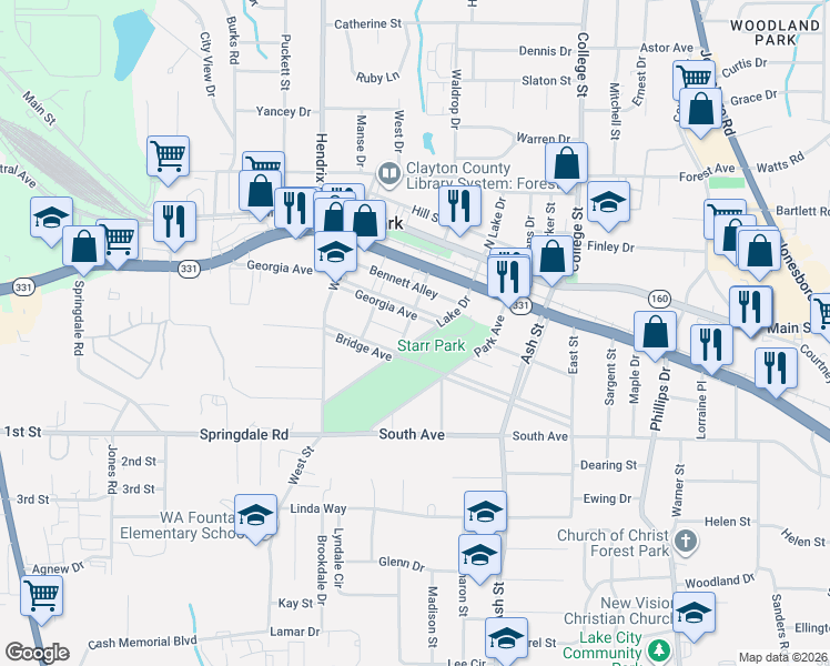 map of restaurants, bars, coffee shops, grocery stores, and more near 4997 Oak Street in Forest Park