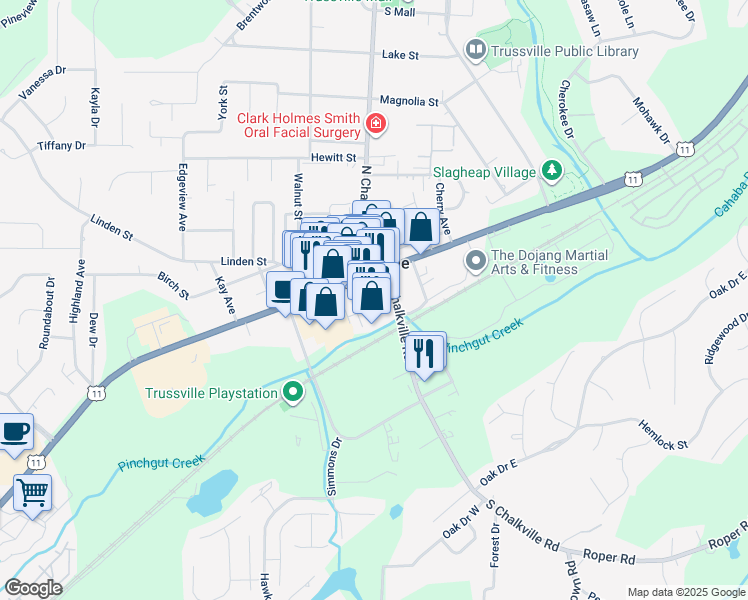 map of restaurants, bars, coffee shops, grocery stores, and more near Morrow S Chalkville in Trussville